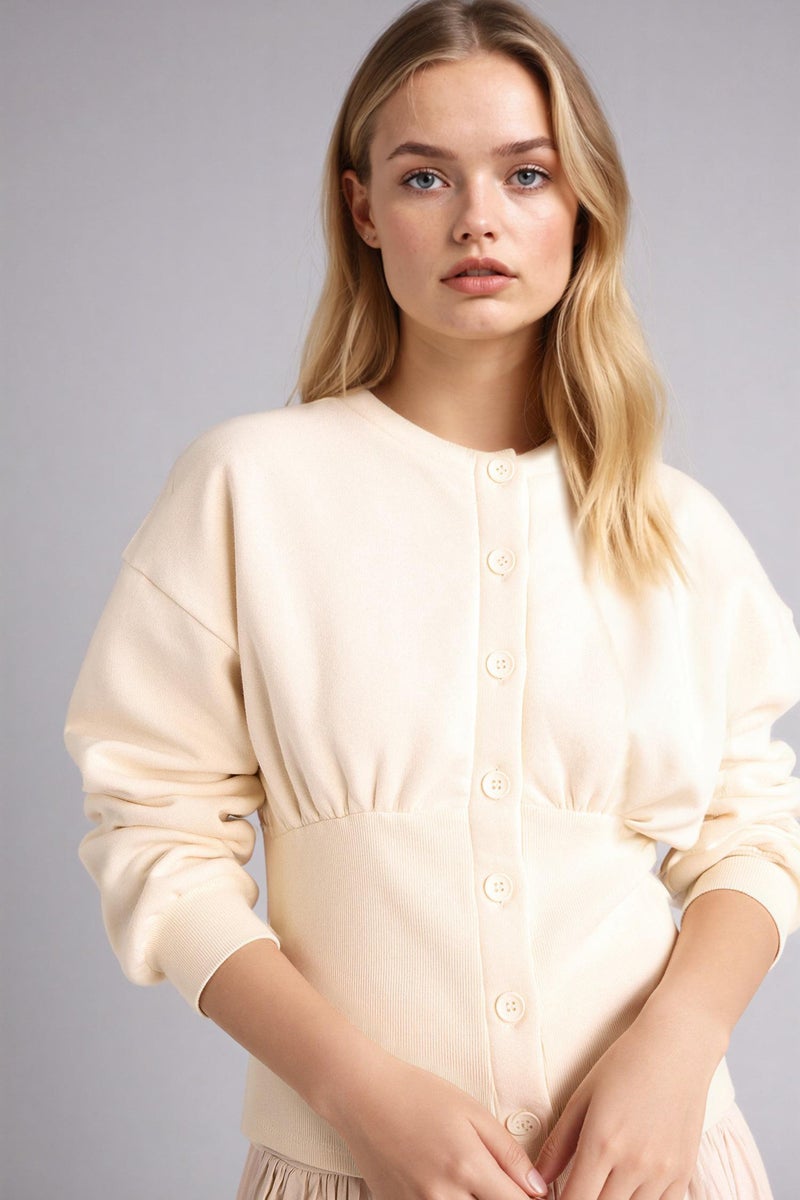 DeFacto Beige Woman Slim Fit Crew Neck Thick Sweatshirt Fabric Cardigan Casual - Image 4